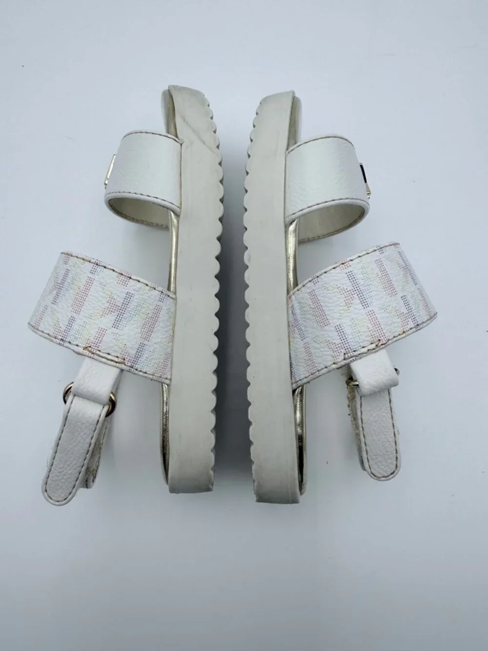 Michael Kors Girls Gold White Sandals MK Logo  Adjustable Straps Size 8